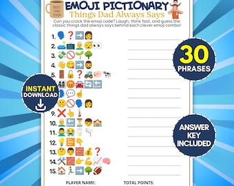 Father's Day Emoji Pictionary, 30 Funny Dad Quotes Guessing Riddles, Things Dad Always Says Trivia, Men Birthday Party For Kids Teen Adults