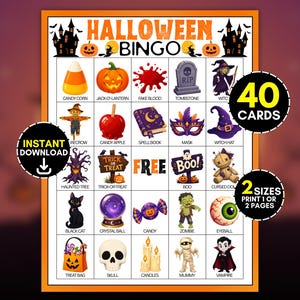 May include: A Halloween Bingo game card featuring a grid of 25 squares with illustrations including candy corn, a jack-o-lantern, a tombstone, a witch, a scarecrow, a candy apple, a spell book, a mask, a witch hat, a haunted tree, a trick-or-treat sign, a free space, a boo sign, a cursed doll, a black cat, a crystal ball, candy, a zombie, an eyeball, a treat bag, a skull, candles, a mummy, and a vampire.