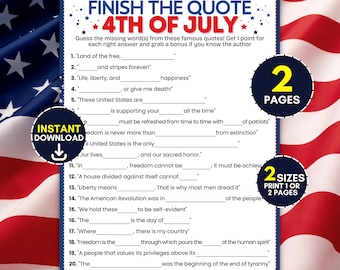 Fin du jeu des citations du 4 juillet, activité de fête pour le jour de l'indépendance pour adultes, jeu de mots à remplir patriotique, apprentissage de l'histoire des États-Unis