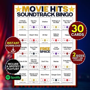 Puede incluir: Una tarjeta de juego Bingo Movie Hits Soundtrack con una cuadr&iacute;cula de t&iacute;tulos de canciones y nombres de pel&iacute;culas. La tarjeta incluye un espacio libre central e iconos de reproductor de m&uacute;sica. El texto indica 30 tarjetas y una lista de Spotify.