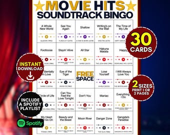Movie Soundtrack Bingo Printable Game, 30 Hollywood Music Cards, Fun Cinema Theme Party Activity, Family Night Name That Tune, Easy Download