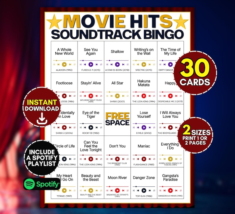 Puede incluir: Una tarjeta de juego Bingo Movie Hits Soundtrack con una cuadr&iacute;cula de t&iacute;tulos de canciones y nombres de pel&iacute;culas. La tarjeta incluye un espacio libre central e iconos de reproductor de m&uacute;sica. El texto indica 30 tarjetas y una lista de Spotify.