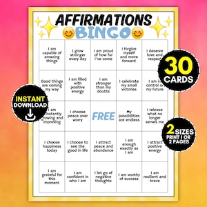 May include: A white Affirmations Bingo game card with a yellow border and gold star accents. The grid contains twenty-five squares with positive phrases, including a central free space. Black circular badges display text: 30 CARDS, INSTANT DOWNLOAD, and 2 SIZES PRINT 1 OR 2 PAGES.