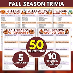 May include: A collection of Fall Season Trivia game sheets featuring 50 questions across 5 categories including Gastronomy, Myths and Legends, Nature, Traditions, and Pop Culture. Each sheet contains multiple-choice questions with text.