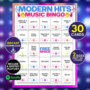 Op de afbeelding: Een Modern Hits muziekbingokaart met een raster van songtitels en artiestennamen met afspeelpictogrammen. De kaart bevat een centrale vrije ruimte, tekst over 30 kaarten, 2 formaten, directe download en een Spotify-afspeellijst.