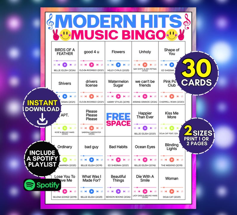 Op de afbeelding: Een Modern Hits muziekbingokaart met een raster van songtitels en artiestennamen met afspeelpictogrammen. De kaart bevat een centrale vrije ruimte, tekst over 30 kaarten, 2 formaten, directe download en een Spotify-afspeellijst.