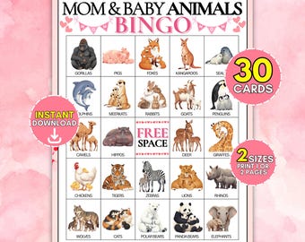 30 Printable Mom & Baby Animals Bingo Cards, Mother's Day Family Activity, Zoo Wildlife Baby Shower Game Idea, Easy Instant Download PDF