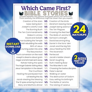 以下が含まれることがあります： Which Came First? BIBLE STORIESというタイトルの印刷可能なゲームシートで、聖書の出来事の24の対戦が記載されています。文書には、青い空を背景に、INSTANT DOWNLOAD、24 MATCHUPS、2 SIZES PRINT 1 OR 2 PAGESと書かれた円形のバッジが含まれています。