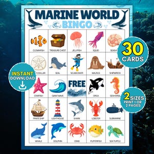 May include: A Marine World Bingo game sheet featuring a 5x5 grid of colorful illustrations including a clownfish, treasure chest, jellyfish, squid, seashell, sand dollar, seal, scuba diver, walrus, shipwreck, starfish, wave, orca, seahorse, pirate ship, lighthouse, shark, lobster, submarine, whale, dolphin, crab, pufferfish, and sea turtle.