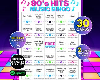 Retro 80s Music Bingo Printable, 30 Hit Songs Party Game Cards, Nostalgic 1980s Themed Adult Birthday Event Activity with Spotify Playlist