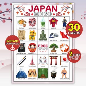 May include: A Japan Bingo game card featuring a grid of 20 illustrations including tempura, a kabuki mask, matcha, a kimono, a ronin, haiku, a lucky cat, a buddha, a bullet train, an origami crane, a vending machine, a daruma doll, a bonsai, koi, a katana, Tokyo Tower, karate, a torii gate, the Japan flag, Mount Fuji, geta sandals, a bamboo grove, sake, and a sumo wrestler.