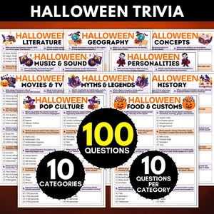May include: A Halloween trivia game set featuring 100 questions across 10 categories including literature, geography, music, personalities, movies, myths, history, pop culture, and food. The sheets display multiple-choice questions with text.