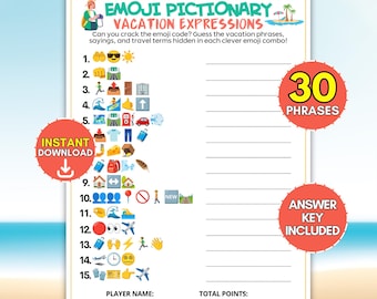 Vacation Emoji Pictionary Game, 30 Travel Phrase Riddles Printable, Fun Road Trip Activity for Kids and Family, Summer Holiday Beach Trivia