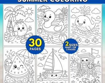30 Fun Summer Coloring Pages, Holiday Beach Printable Sheets for Kids Toddlers, Ocean Preschool Activity Pack, Easy Vacation Coloring Book