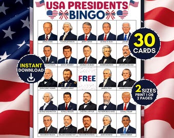 30 USA Presidents Bingo Printable Cards, Fun Patriotic Classroom Activity, US History Homeschool Learning Kids Game, 4th of July Icebreaker