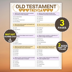 Puede incluir: Una hoja de juego de trivia del Antiguo Testamento con diez preguntas de opción múltiple sobre figuras y eventos bíblicos. El documento incluye iconos de corazones dorados, un borde punteado y sellos circulares que dicen 3 PAGES, 2 SIZES e INSTANT DOWNLOAD.