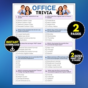 May include: A printable Office Trivia game sheet featuring ten multiple-choice questions about office culture and technology. The document includes cartoon illustrations of office workers, the text "OFFICE TRIVIA," and circular badges stating "INSTANT DOWNLOAD," "2 PAGES," and "2 SIZES PRINT 1 OR 2 PAGES."