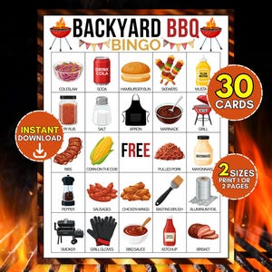 May include: A Backyard BBQ Bingo game card featuring a grid of illustrations including coleslaw, soda, hamburger bun, skewers, mustard, dry rub, salt, apron, marinade, grill, ribs, corn, pulled pork, mayonnaise, pepper, sausages, chicken wings, brush, foil, smoker, gloves, BBQ sauce, ketchup, and brisket.