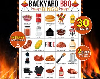 30 BBQ Printable Bingo Cards, Summer Family Reunion Game, Backyard Cookout Party Activity for Kids & Adults, Grilling Fun, Instant Download