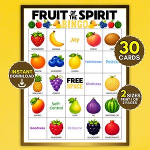 May include: A Fruit of the Spirit Bingo game card featuring a grid of various fruit illustrations including strawberries, bananas, peaches, and grapes. The card includes text labels for each fruit and spiritual terms like Joy, Peace, and Kindness.
