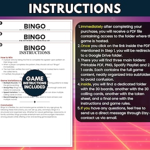 Puede incluir: Una hoja de instrucciones para un juego de bingo digital que muestra un documento blanco con texto negro que detalla c&oacute;mo ganar, variaciones del juego y una conclusi&oacute;n. Una insignia circular oscura indica GAME INSTRUCTIONS INCLUDED. Una barra lateral negra enumera cinco pasos.