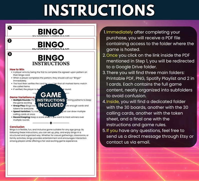 Puede incluir: Una hoja de instrucciones para un juego de bingo digital que muestra un documento blanco con texto negro que detalla c&oacute;mo ganar, variaciones del juego y una conclusi&oacute;n. Una insignia circular oscura indica GAME INSTRUCTIONS INCLUDED. Una barra lateral negra enumera cinco pasos.