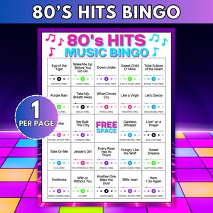 May include: A 80's Hits Music Bingo game card featuring a grid of song titles, artist names, and release years. Each square includes a music player icon with a play button. The title 80's Hits Music Bingo is at the top with musical notes.