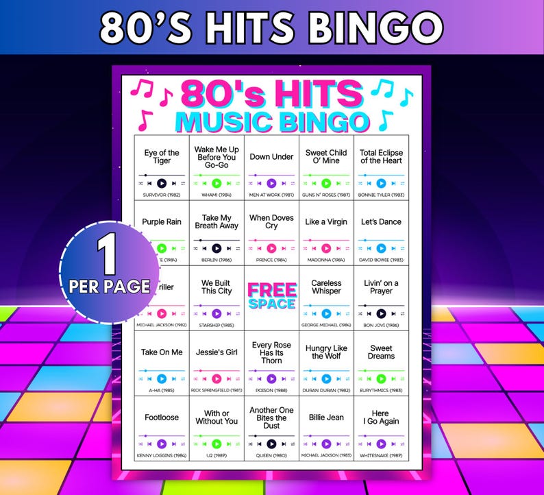 May include: A 80's Hits Music Bingo game card featuring a grid of song titles, artist names, and release years. Each square includes a music player icon with a play button. The title 80's Hits Music Bingo is at the top with musical notes.