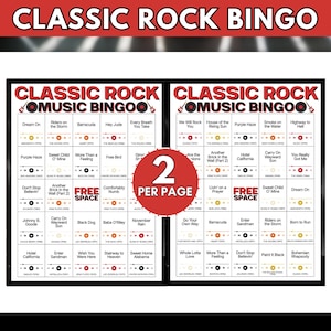 May include: Two Classic Rock Music Bingo game cards displayed side-by-side. Each card features a grid with song titles, artist names, and release years. A red circular badge in the center states 2 PER PAGE. The text is black and red on white.