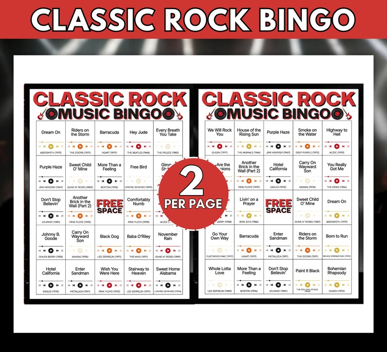 May include: Two Classic Rock Music Bingo game cards displayed side-by-side. Each card features a grid with song titles, artist names, and release years. A red circular badge in the center states 2 PER PAGE. The text is black and red on white.
