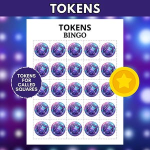 Op de afbeelding: Een printbaar blad met de titel TOKENS BINGO met vijfentwintig ronde fiches met een paarse en blauwe gradi&euml;ntachtergrond, een smartphone-afbeelding en muzieknoten. Een geel rond fiche met een ster is aan de rechterkant geplaatst.