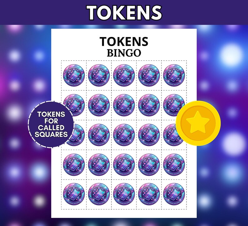 Op de afbeelding: Een printbaar blad met de titel TOKENS BINGO met vijfentwintig ronde fiches met een paarse en blauwe gradi&euml;ntachtergrond, een smartphone-afbeelding en muzieknoten. Een geel rond fiche met een ster is aan de rechterkant geplaatst.