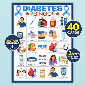 Op de afbeelding: Een Diabetes Bingo-spelkaart met een raster van illustraties gerelateerd aan diabetesbeheer, inclusief iconen voor insuline, bloedglucosemeters en symptomen. De tekst luidt Diabetes Bingo, 40 Cards, Instant Download, 2 Sizes.