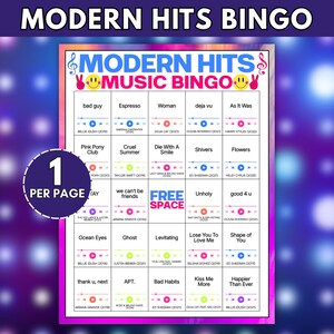 Op de afbeelding: Een Modern Hits Music Bingo spelkaart met een raster van songtitels, artiestennamen en uitgavejaren. Het ontwerp bevat gele smileys, vredestekens en muziekspeler-iconen. Een paarse cirkel geeft aan 1 PER PAGE.