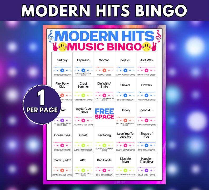 Op de afbeelding: Een Modern Hits Music Bingo spelkaart met een raster van songtitels, artiestennamen en uitgavejaren. Het ontwerp bevat gele smileys, vredestekens en muziekspeler-iconen. Een paarse cirkel geeft aan 1 PER PAGE.