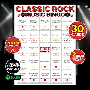 May include: A Classic Rock Music Bingo game card featuring a grid of song titles and artist names. The design includes red and black text, a central free space, and circular badges indicating 30 cards, two sizes, and a Spotify playlist inclusion.