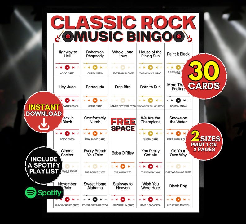 May include: A Classic Rock Music Bingo game card featuring a grid of song titles and artist names. The design includes red and black text, a central free space, and circular badges indicating 30 cards, two sizes, and a Spotify playlist inclusion.