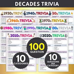 May include: A collection of Decades Trivia game sheets covering the 1930s through the 2020s. Each sheet features multiple-choice questions with specific decade themes. Three black circular overlays display 100 QUESTIONS, 10 CATEGORIES, and 10 QUESTIONS PER CATEGORY in yellow and white text.