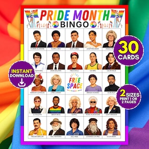 May include: A Pride Month Bingo game card featuring illustrations of historical LGBTQ+ figures. The grid includes portraits of individuals like Frida Kahlo and Alan Turing, with a central free space. Text includes PRIDE MONTH BINGO, 30 CARDS, and 2 SIZES.
