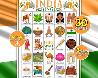 Juego imprimible de bingo de la cultura india, 30 tarjetas de patrimonio indio, actividad para niños para fiestas de Diwali y Holi, diversión para la clase de geografía asiática, descarga instantánea.
