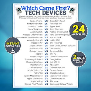 Op de afbeelding: Een wit spelblad getiteld Which Came First? TECH DEVICES met een lijst van 24 technologie-vergelijkingen. Het document bevat ronde badges met de teksten INSTANT DOWNLOAD, 24 MATCHUPS en 2 SIZES PRINT 1 OR 2 PAGES met robot-pictogrammen.