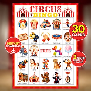 Peut inclure: Une carte de jeu Circus Bingo avec une grille de vingt-cinq illustrations colorées incluant un ballon, du pop-corn, une voiture de clown, un guichet, un funambule, un ticket, un projecteur, des applaudissements, un trampoline, du maquillage, un éléphant, une grande roue, un ballon sculpté, de la barbe à papa, un canon, un cheval, un clown, un tigre, un homme fort, une roulotte, un chapiteau, un ours, un magicien et un monocycle, avec le texte CIRCUS BINGO et FREE.