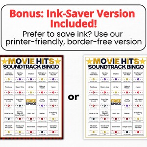 Puede incluir: Dos versiones de una tarjeta de juego de Bingo de bandas sonoras de pel&iacute;culas. Cada tarjeta presenta una cuadr&iacute;cula con t&iacute;tulos de canciones, botones de reproducci&oacute;n y nombres de pel&iacute;culas. Una tiene borde rojo oscuro y otra borde claro.