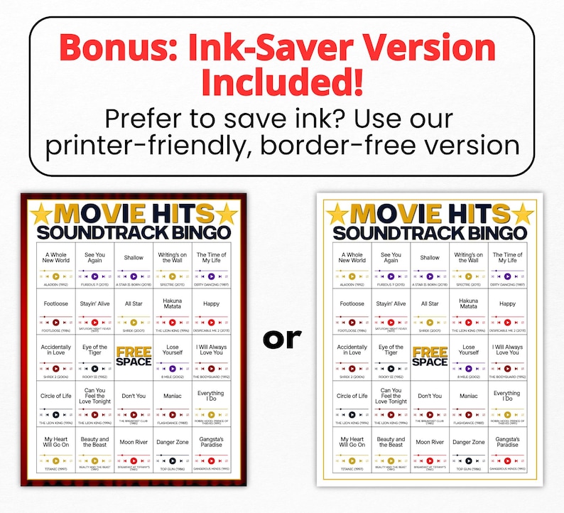 Puede incluir: Dos versiones de una tarjeta de juego de Bingo de bandas sonoras de pel&iacute;culas. Cada tarjeta presenta una cuadr&iacute;cula con t&iacute;tulos de canciones, botones de reproducci&oacute;n y nombres de pel&iacute;culas. Una tiene borde rojo oscuro y otra borde claro.