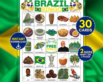 30 Printable Brazil Bingo Cards, Fun Brazilian Carnival Party Game, South America Theme Celebration Idea For Kids Adults, Instant Download