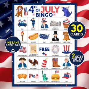 May include: A 4th of July bingo game card featuring a grid of patriotic illustrations including Uncle Sam, the Statue of Liberty, a hot dog, and fireworks. The card includes text labels for each icon, a free space, and circular overlays stating 30 cards and 2 sizes.