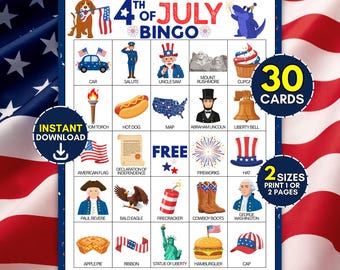 4th of July Bingo Printable Game, 30 Patriotic Cards for Kids Family & Classroom, Independence Day Summer Party Activity, Instant Download