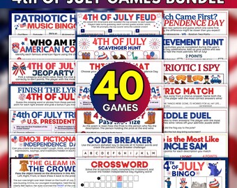 4th of July Printable Games Bundle, 40+ Independence Day Party Activities for Kids Adults, Patriotic Trivia Song Emoji Riddles American Pack