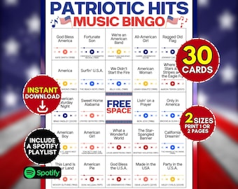4th of July American Hits 30 Cards Bingo, Printable Patriotic Music Game, USA Independence Day Summer Party Activity, Adult Family BBQ Fun