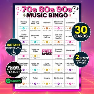 Puede incluir: Una tarjeta de juego de Bingo Musical de los 70, 80 y 90 con una cuadr&iacute;cula de t&iacute;tulos de canciones y nombres de artistas con iconos de reproducci&oacute;n. Incluye un espacio libre central, 30 tarjetas, 2 tama&ntilde;os, descarga instant&aacute;nea y lista de Spotify.
